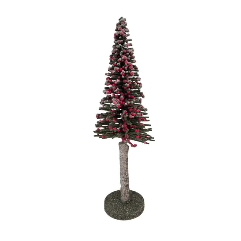 Pino verde con palline rosse, neve e base, perfetto come decorazione di Natale